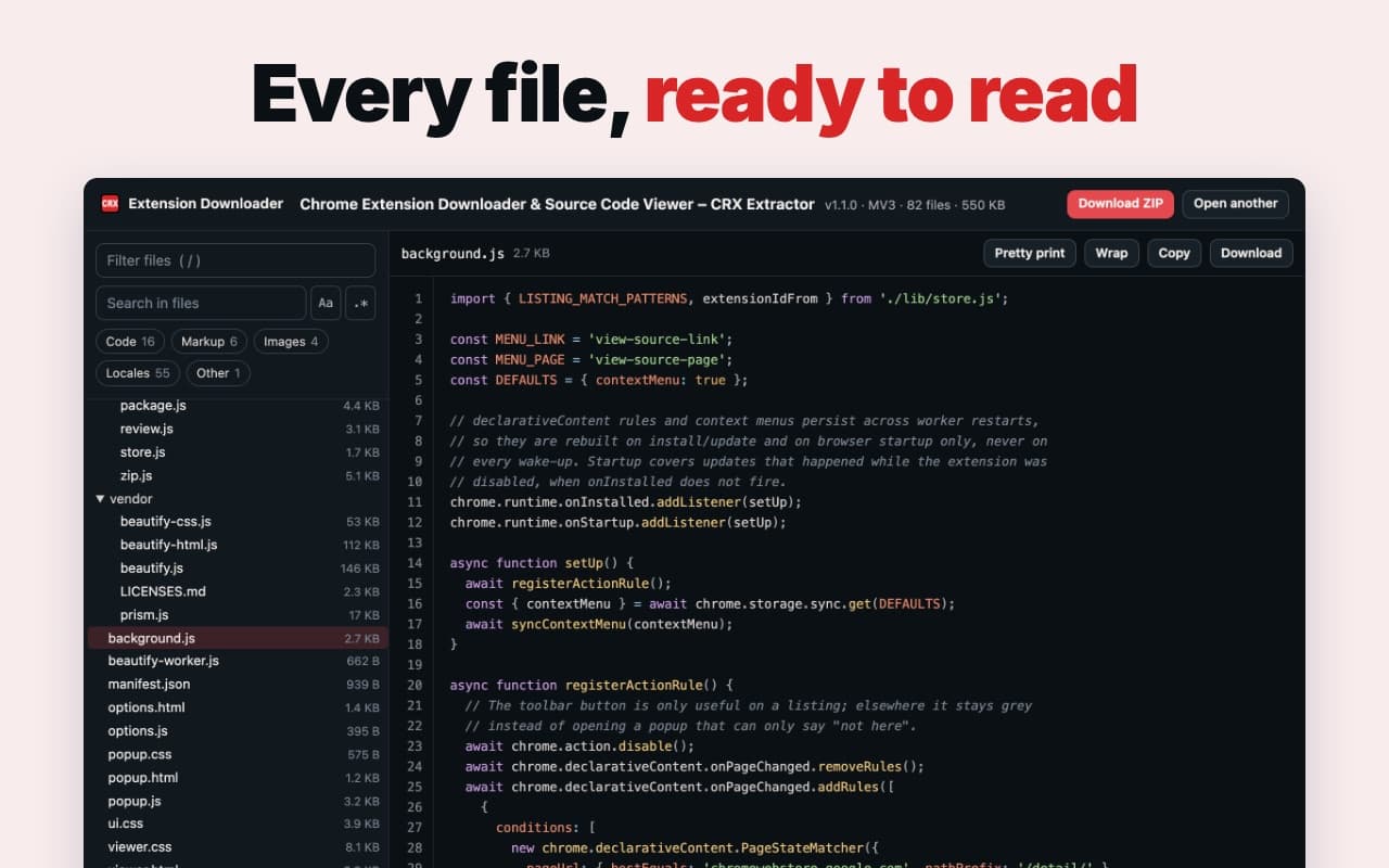 The source viewer showing an extension's files and code.